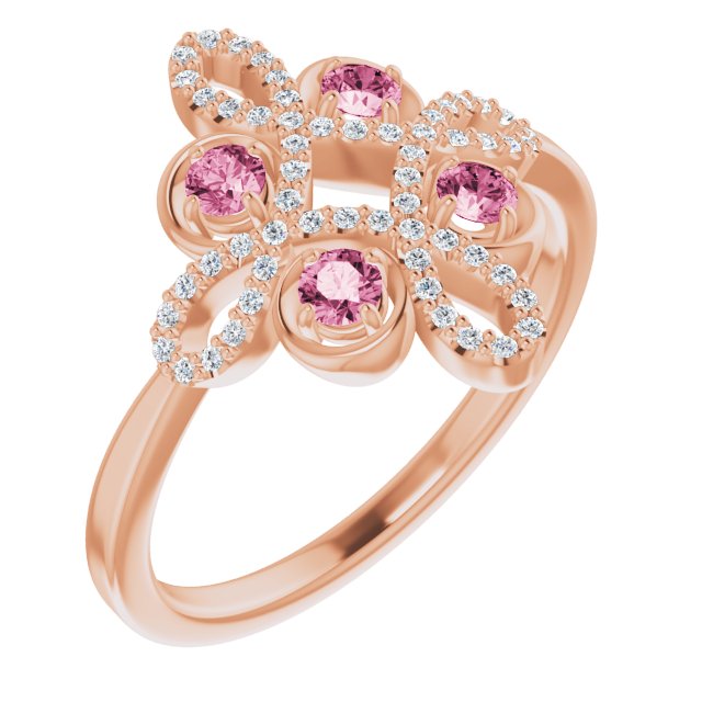 14K Rose Natural Pink Tourmaline & 1/8 CTW Natural Diamond Semi-Set Clover Ring